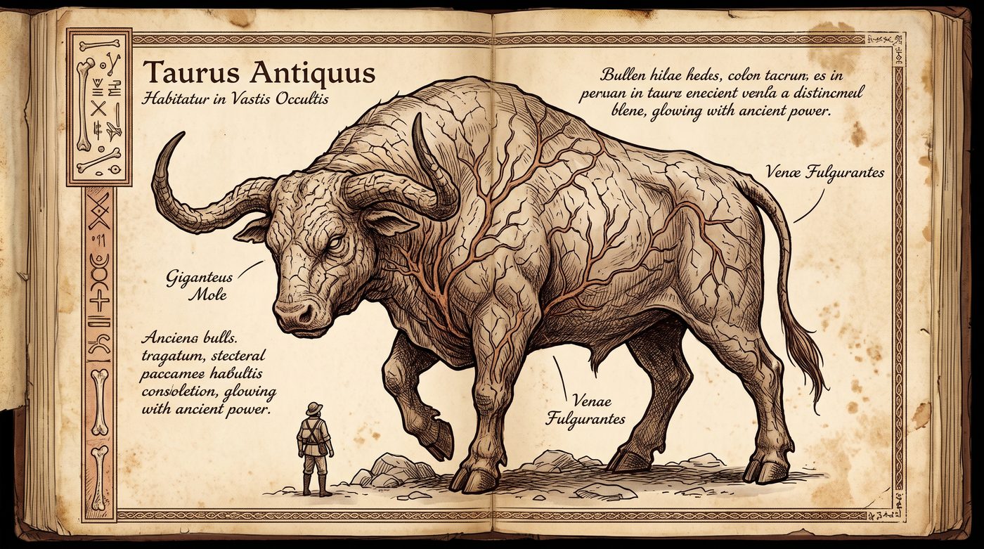 P&aacute;gina de bestiario ilustrando el Toro, Taurus Antiquus, una bestia colosal de piel agrietada con venas brillantes.