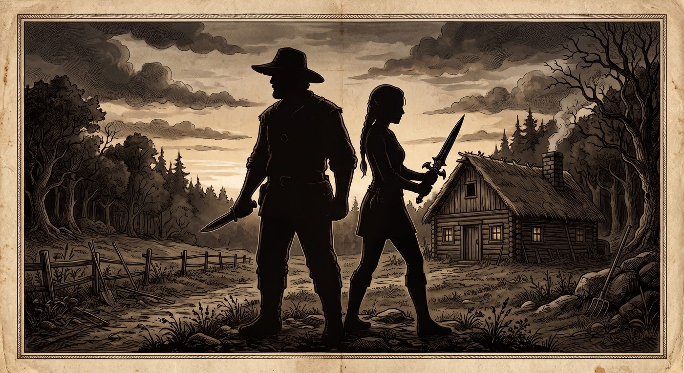 Las siluetas de Larry y Riku, de pie frente a la cabaña, al atardecer.